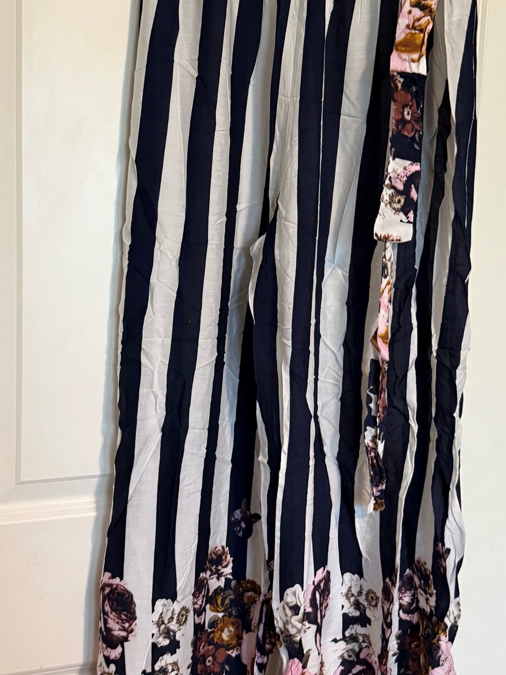 SHEIN Black and White Vertical Stripe Wide Leg Pants with Floral Trim